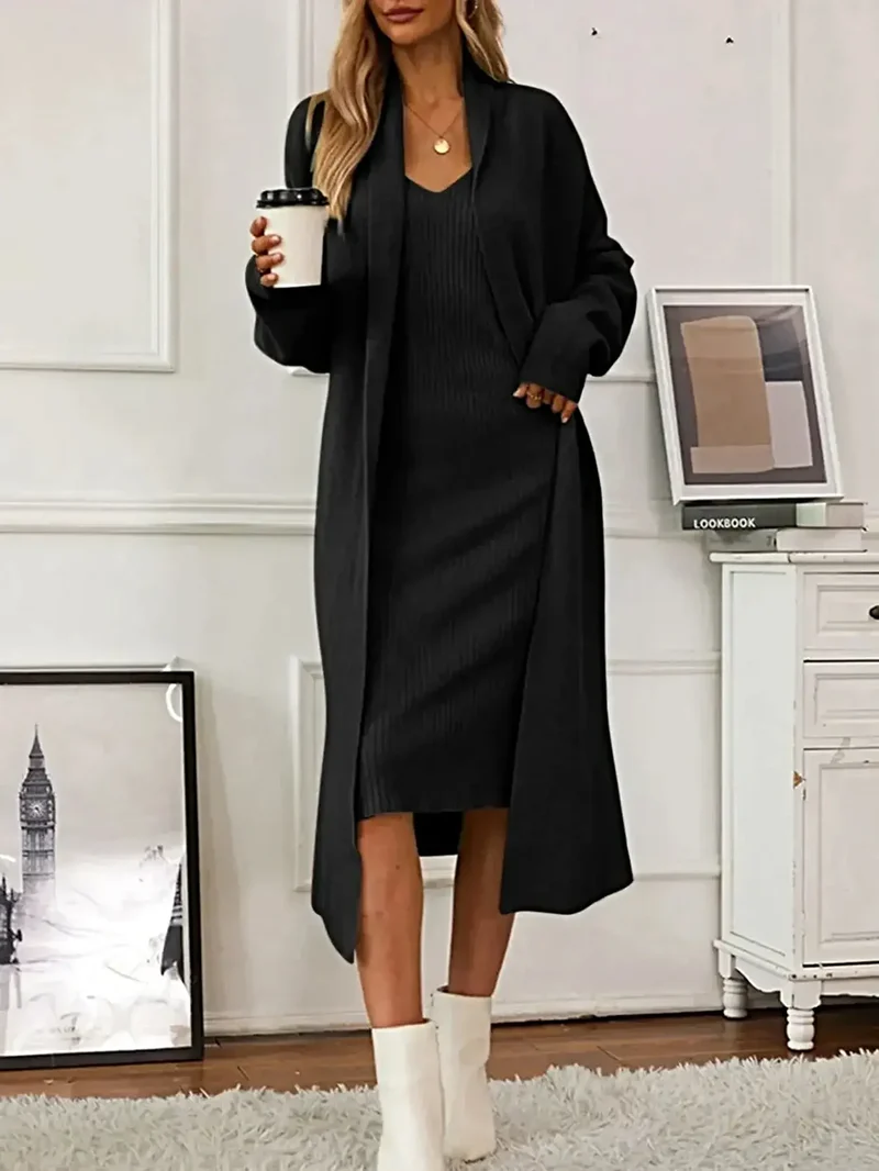 V-hals cami-jurk, tweedelige set met open vestje, zachte stretchstof