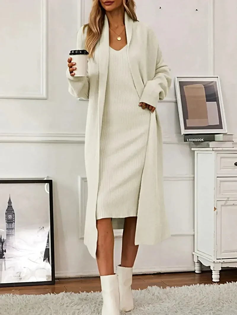 V-hals cami-jurk, tweedelige set met open vestje, zachte stretchstof