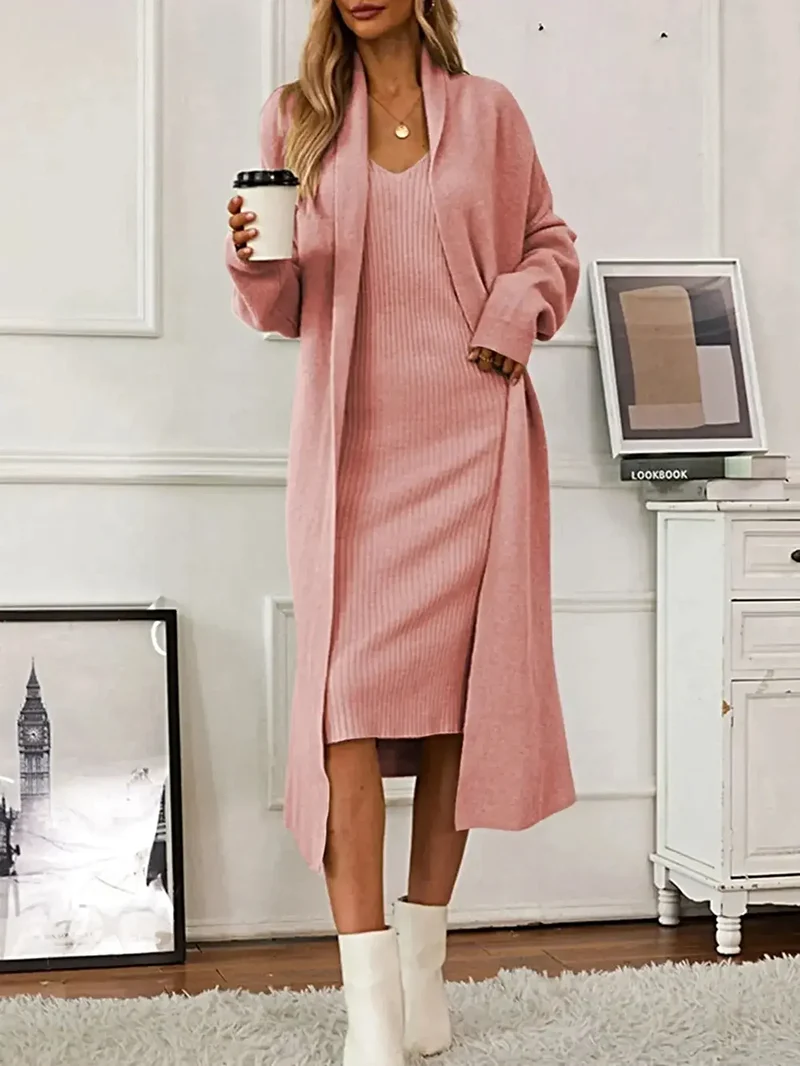 V-hals cami-jurk, tweedelige set met open vestje, zachte stretchstof