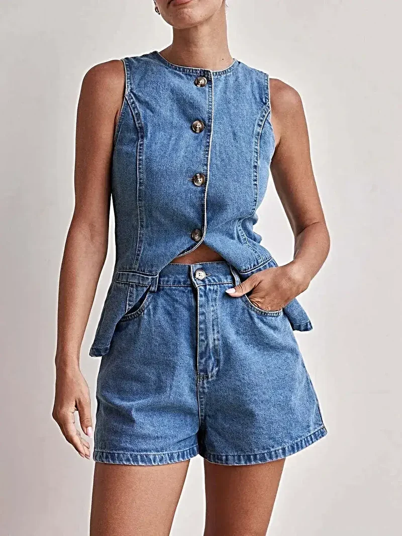 Stijlvol denim vest en short set met knoopdetails en zakken voor een moeiteloos chique look.