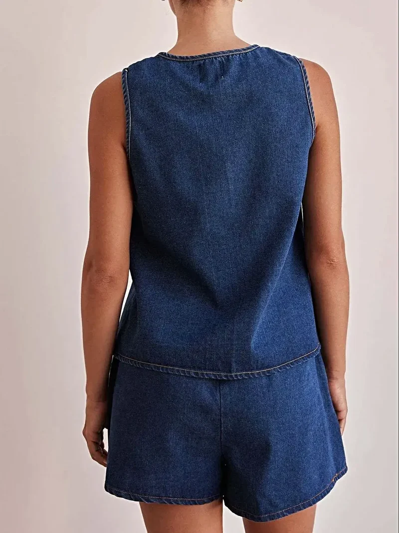 Stijlvolle denim outfit met strik aan de voorkant: 2-delige set van vest en short, klassieke katoenmix, tijdloze look