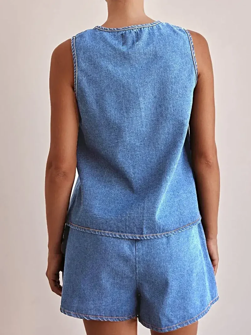 Stijlvolle denim outfit met strik aan de voorkant: 2-delige set van vest en short, klassieke katoenmix, tijdloze look