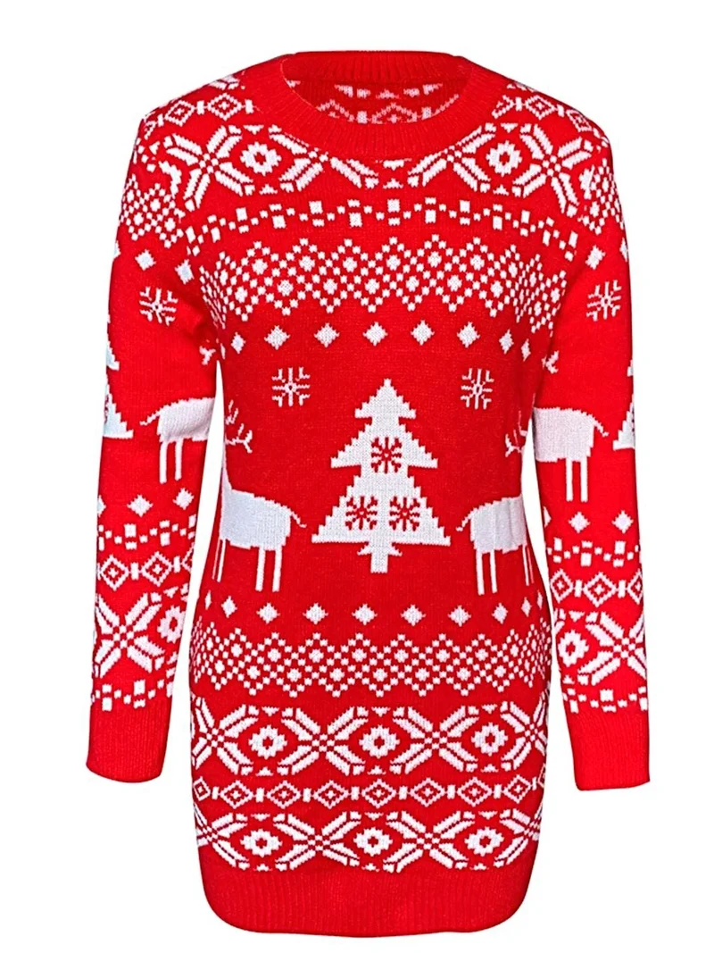 Dames kersttrui-jurk, elegante, elastische mini-outfit met ronde hals en lange mouwen voor de feestdagen.