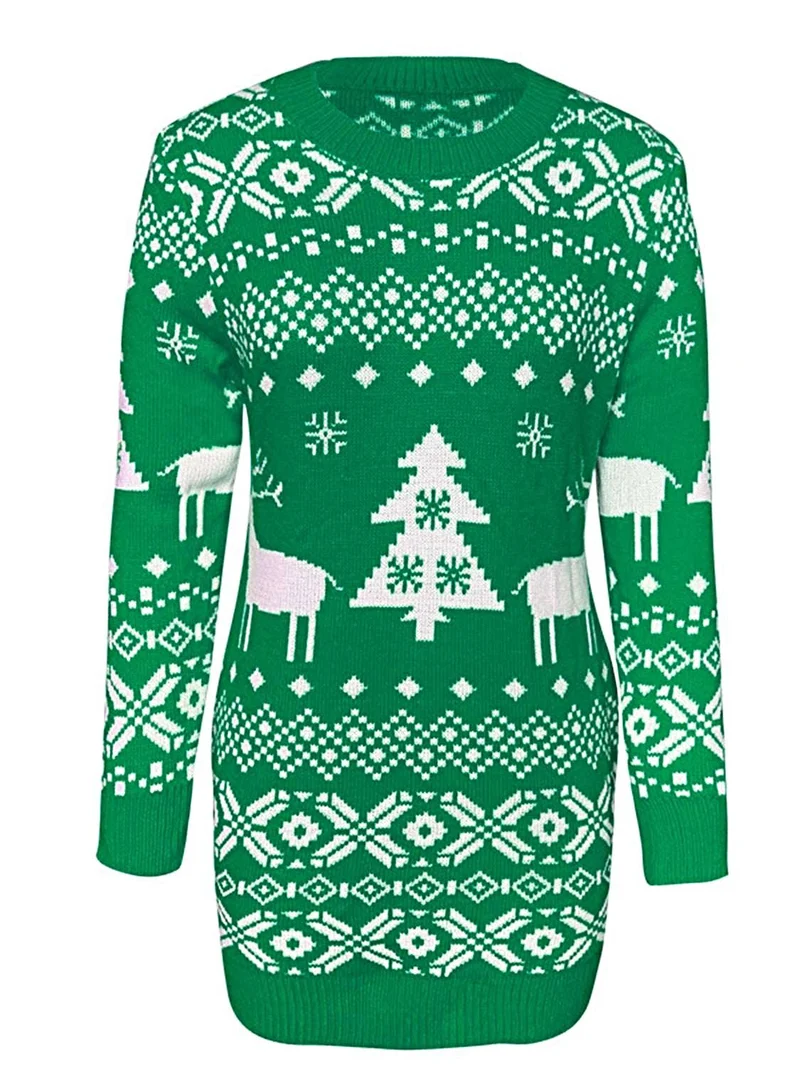 Dames kersttrui-jurk, elegante, elastische mini-outfit met ronde hals en lange mouwen voor de feestdagen.