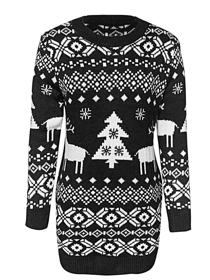 Dames kersttrui-jurk, elegante, elastische mini-outfit met ronde hals en lange mouwen voor de feestdagen.