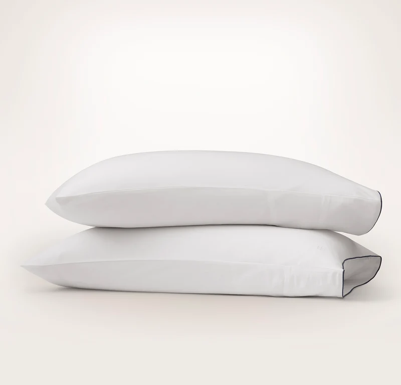 Signature Embellished Pillowcase Set - White/Coastal Navy Piped Edge