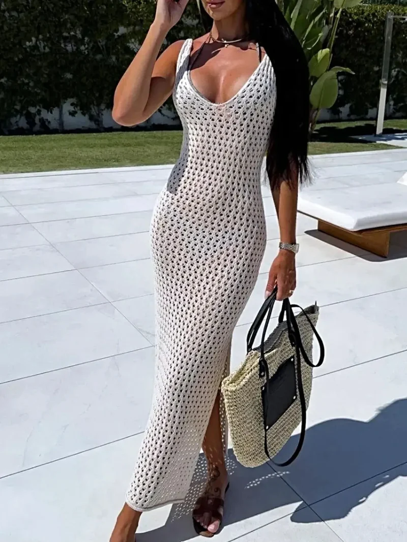 Maxi-jurk met opengewerkte details en split voor dames, elegante lange jurk in resortstijl.