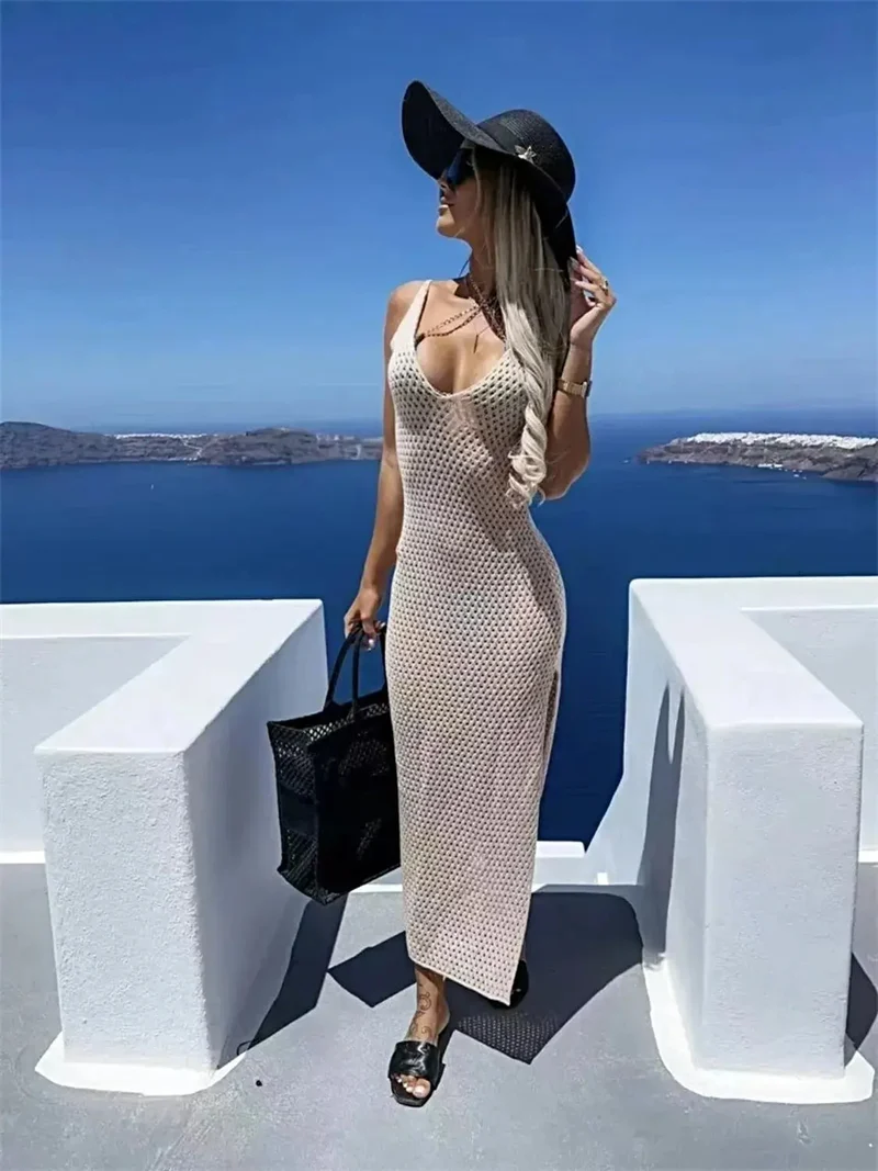 Maxi-jurk met opengewerkte details en split voor dames, elegante lange jurk in resortstijl.