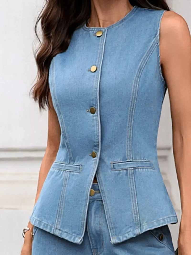 Stijlvolle mouwloze denim vestset met knoopsluiting en zakken - tweedelig ensemble