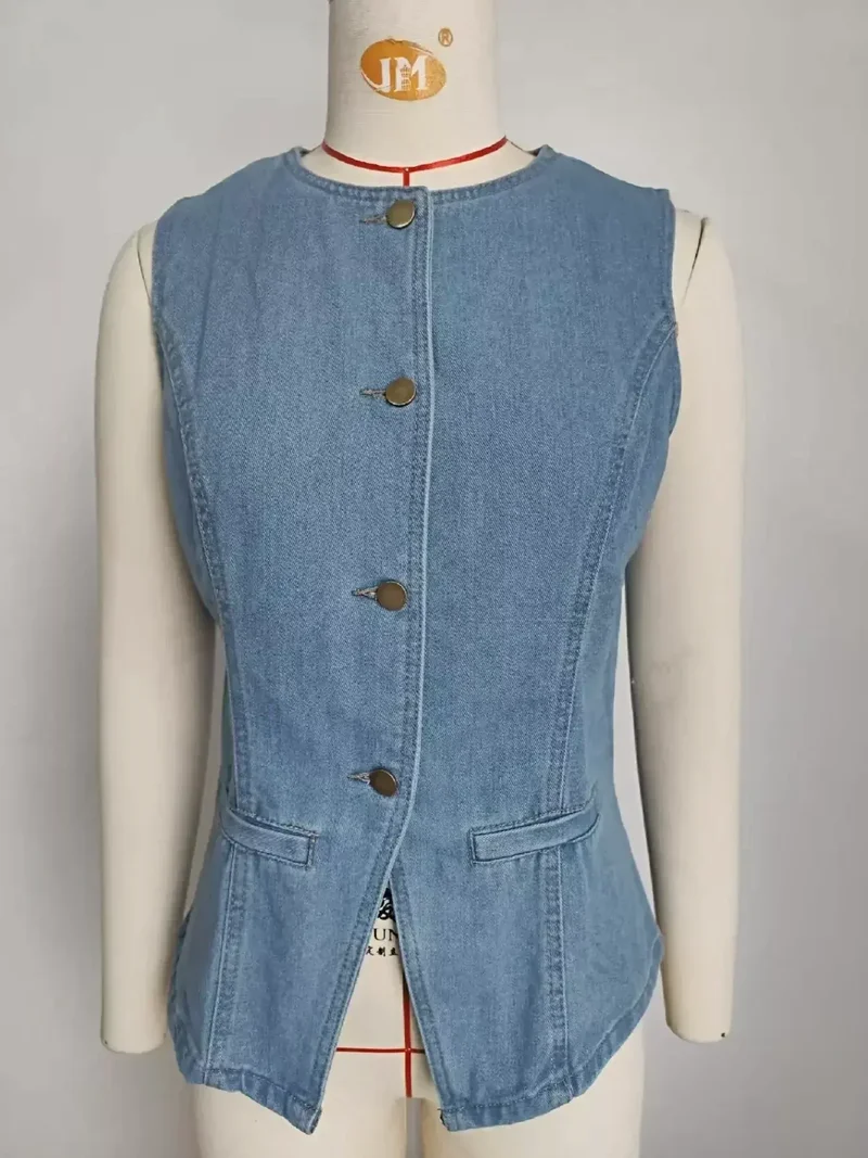 Stijlvolle mouwloze denim vestset met knoopsluiting en zakken - tweedelig ensemble