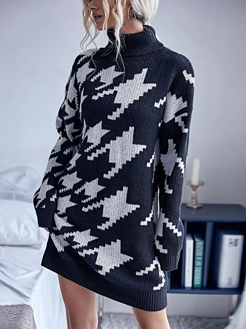 Truijurk met pied-de-pouleprint, elegante midi-jurk met col en lange mouwen, licht elastisch.