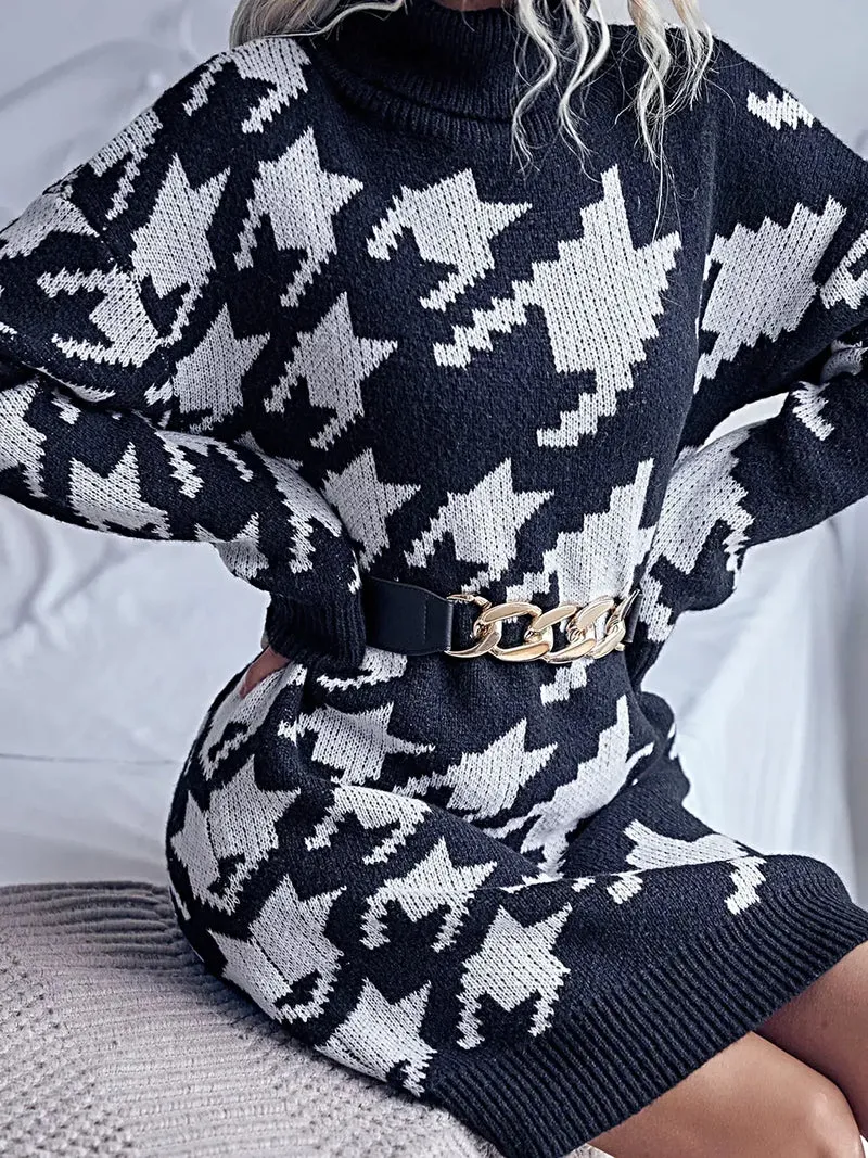 Truijurk met pied-de-pouleprint, elegante midi-jurk met col en lange mouwen, licht elastisch.