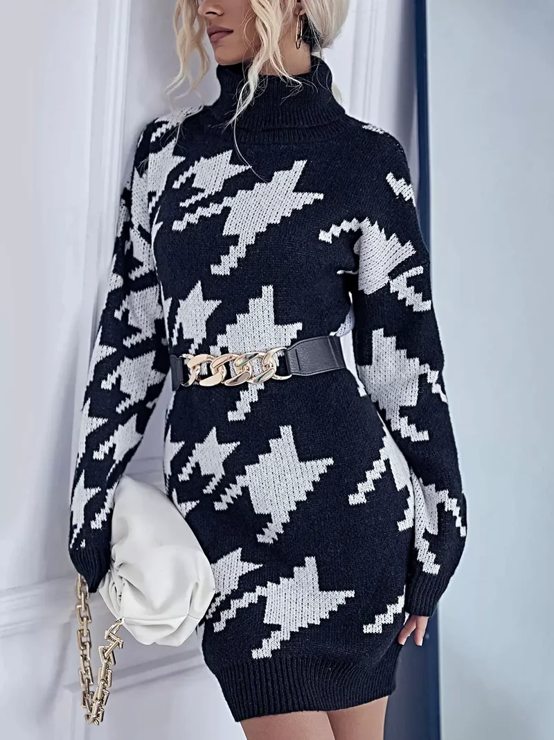 Truijurk met pied-de-pouleprint, elegante midi-jurk met col en lange mouwen, licht elastisch.