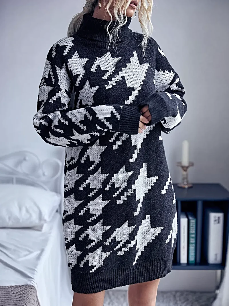 Truijurk met pied-de-pouleprint, elegante midi-jurk met col en lange mouwen, licht elastisch.