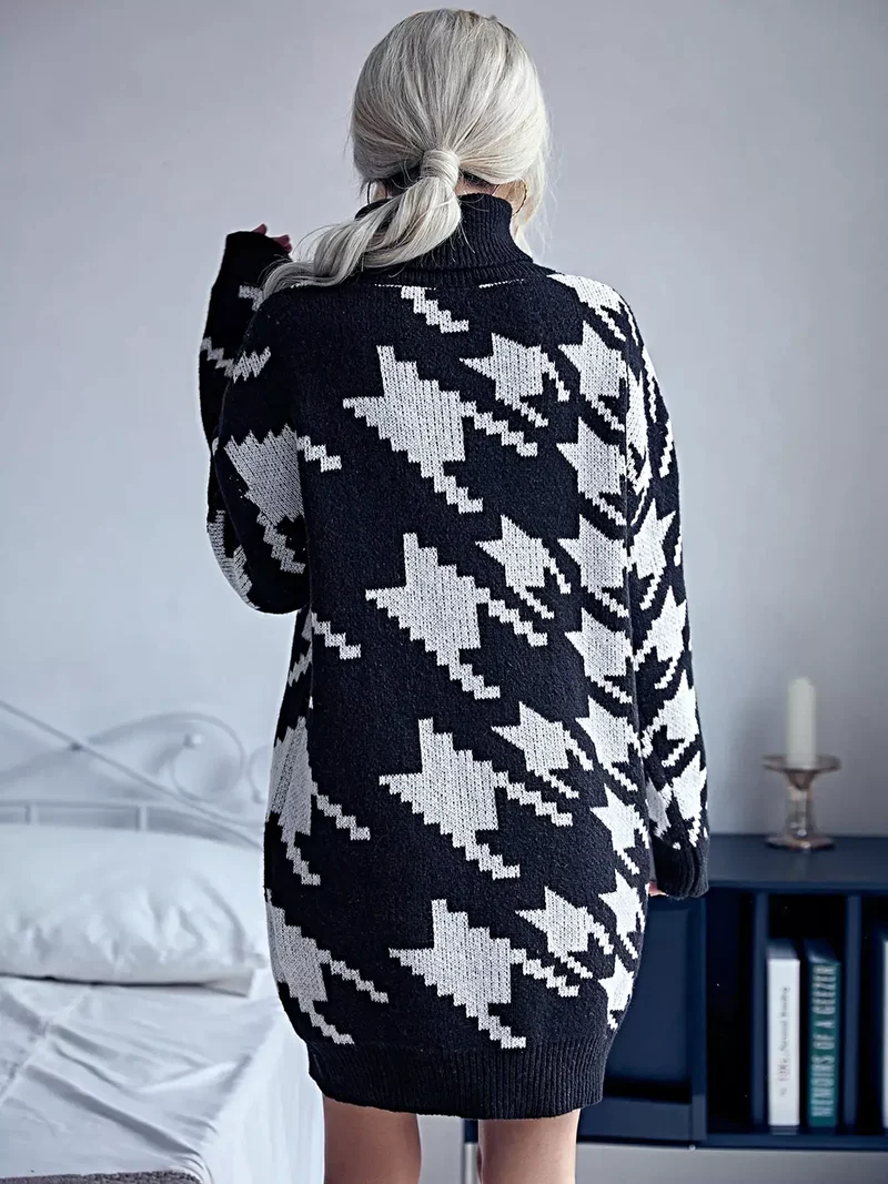 Truijurk met pied-de-pouleprint, elegante midi-jurk met col en lange mouwen, licht elastisch.