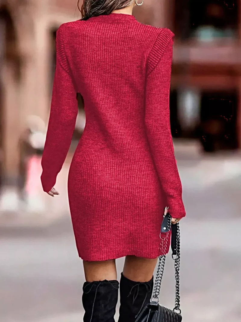 Getailleerde gebreide jurk voor dames, geribbelde bodycon-trui met lange mouwen en stretchstof.