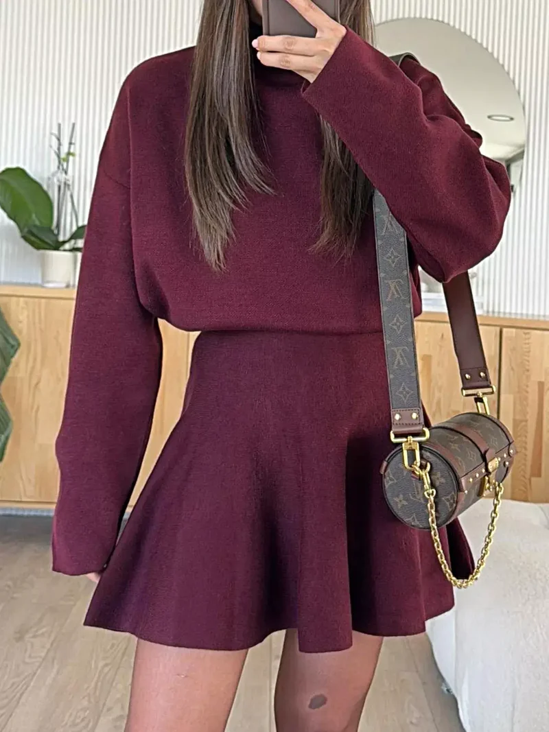 Elegante damesminijurk met ronde hals en lange mouwen, gemaakt van zachte, elastische gebreide stof.