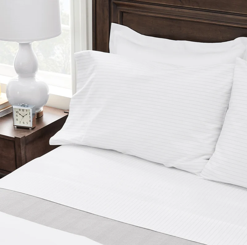 Percale Hemmed Sheet Set - White/Pewter Simple Stripe