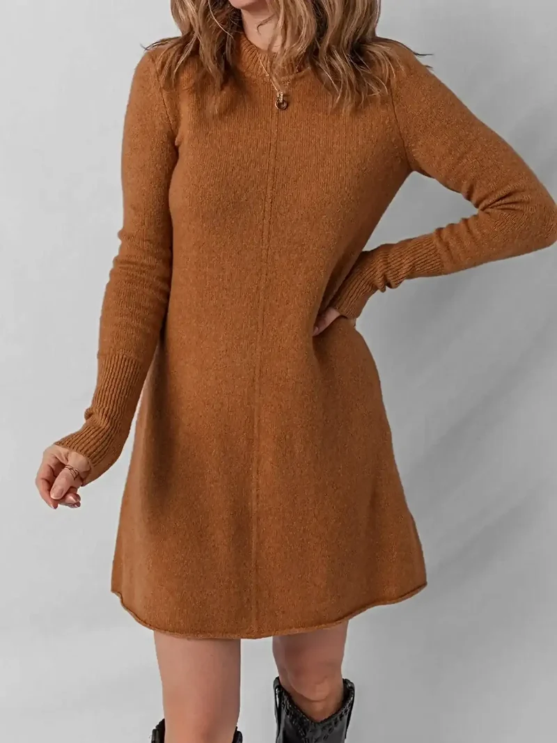 Damesjurk met ribstructuur - Effen kleur, minilengte, lange mouwen, licht elastisch
