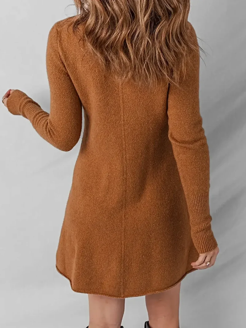 Damesjurk met ribstructuur - Effen kleur, minilengte, lange mouwen, licht elastisch
