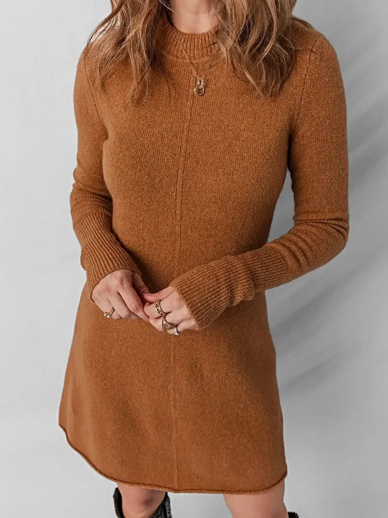 Damesjurk met ribstructuur - Effen kleur, minilengte, lange mouwen, licht elastisch