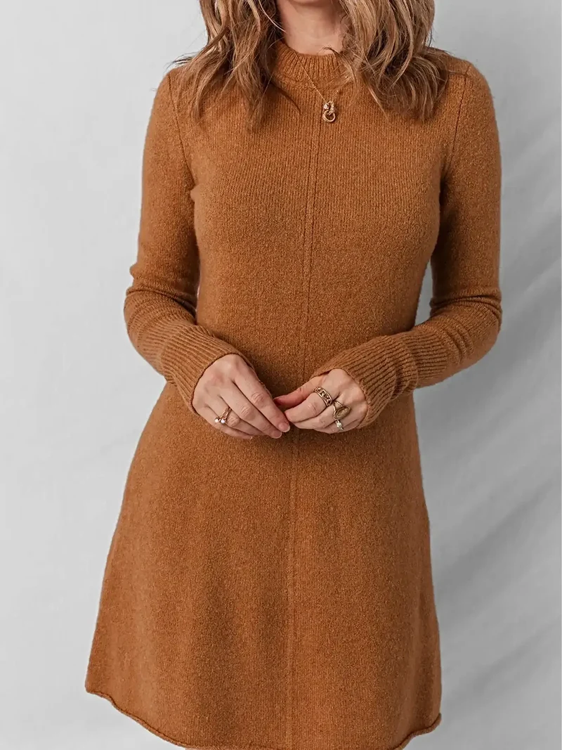 Damesjurk met ribstructuur - Effen kleur, minilengte, lange mouwen, licht elastisch