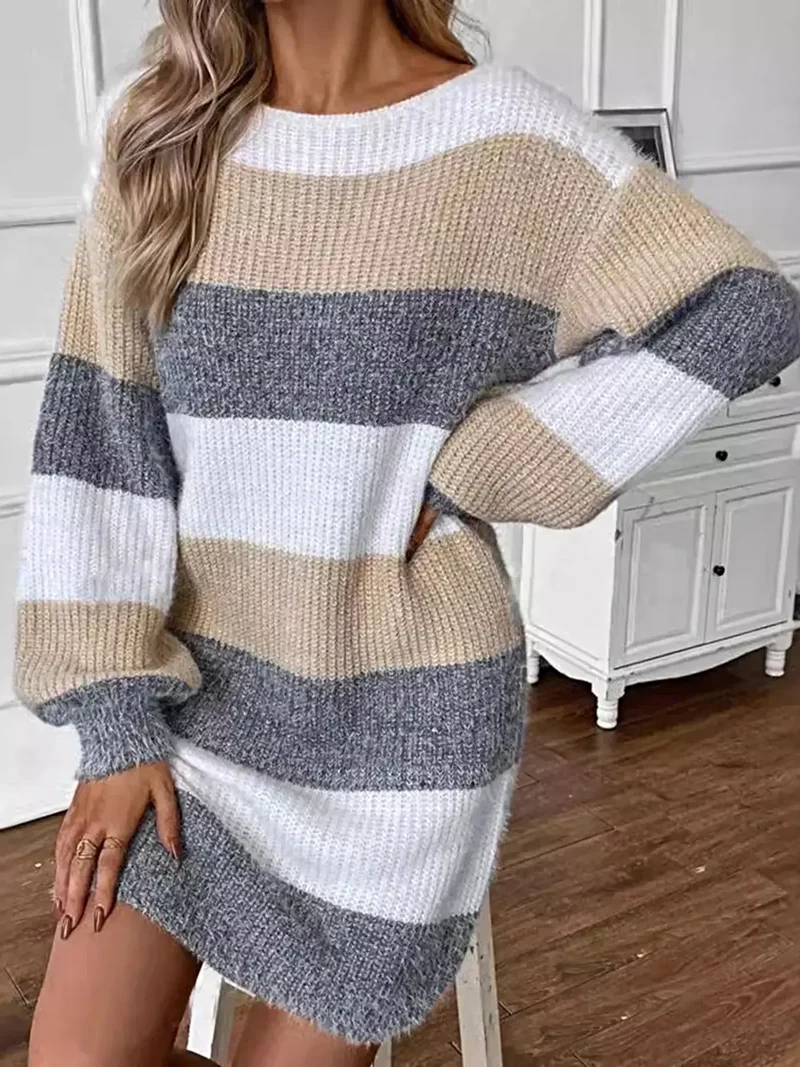 Trui-jurk met kleurblokken - Damesmodel met lange mouwen, licht elastisch, gebreid van een acrylmix