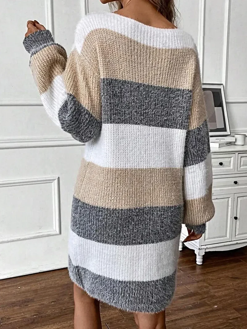Trui-jurk met kleurblokken - Damesmodel met lange mouwen, licht elastisch, gebreid van een acrylmix