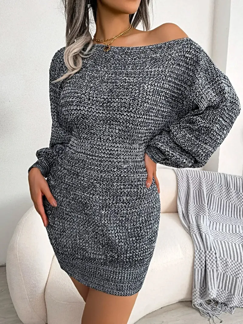 Trui-jurk met één schouder - Elegante, zachte gebreide jurk met lange mouwen