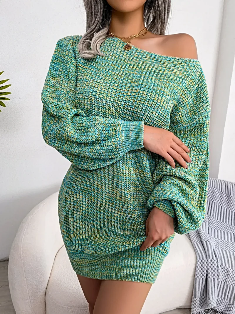 Trui-jurk met één schouder - Elegante, zachte gebreide jurk met lange mouwen