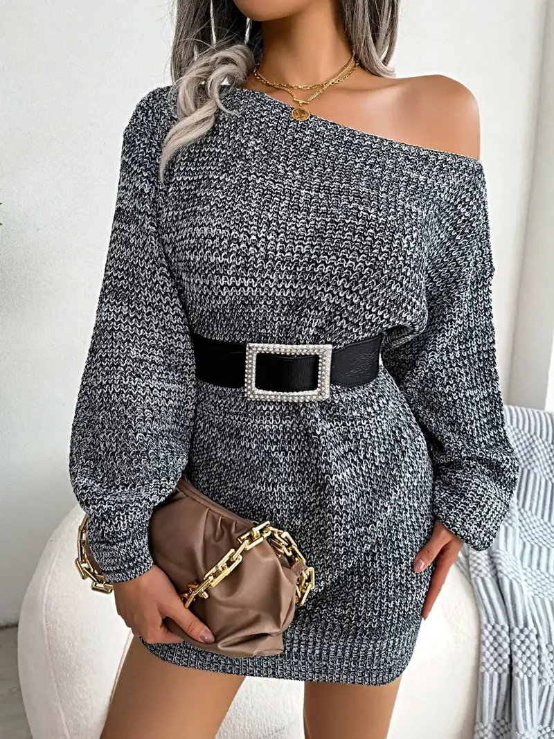 Trui-jurk met één schouder - Elegante, zachte gebreide jurk met lange mouwen