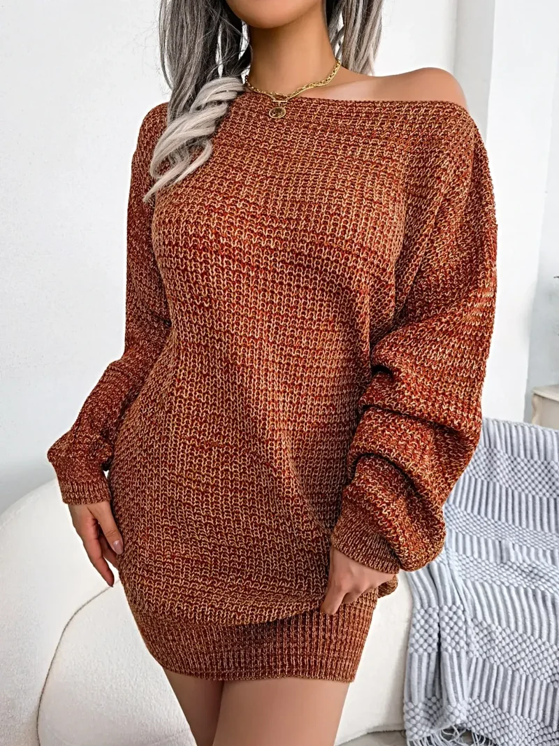 Trui-jurk met één schouder - Elegante, zachte gebreide jurk met lange mouwen