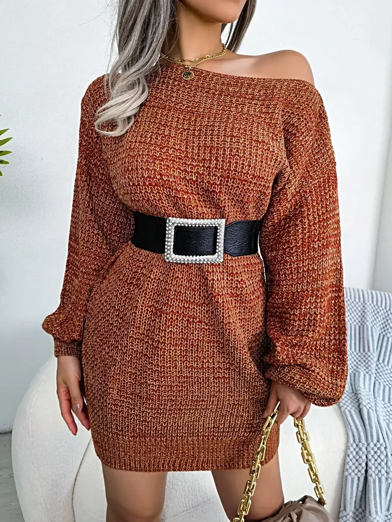 Trui-jurk met één schouder - Elegante, zachte gebreide jurk met lange mouwen