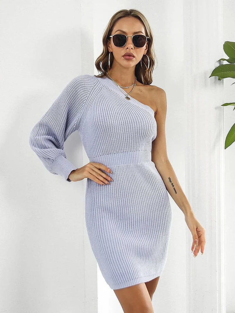 Truijurk met één schouder - Luxe mini-jurk van acrylbreisel met gemiddelde stretch