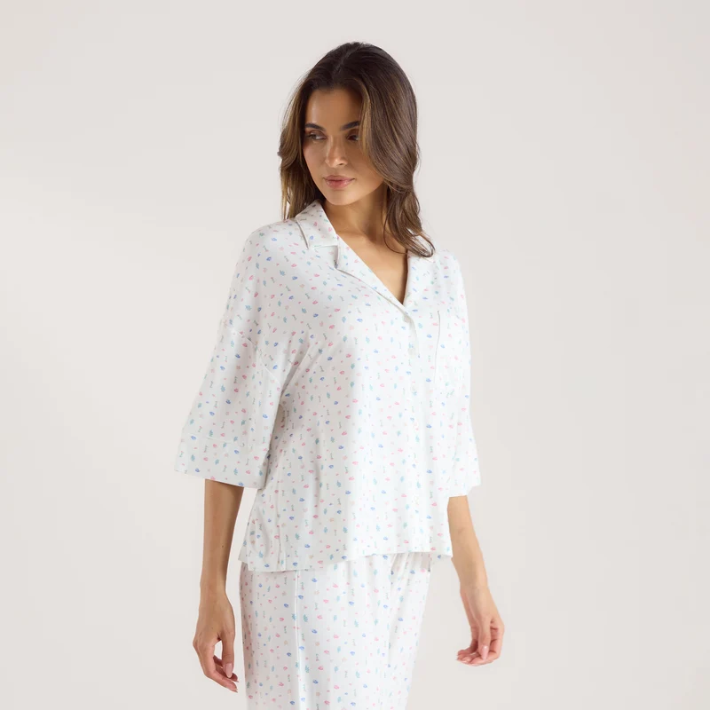 Modal Pyjamashirt met Korte Mouwen - Witte Bloemenprint