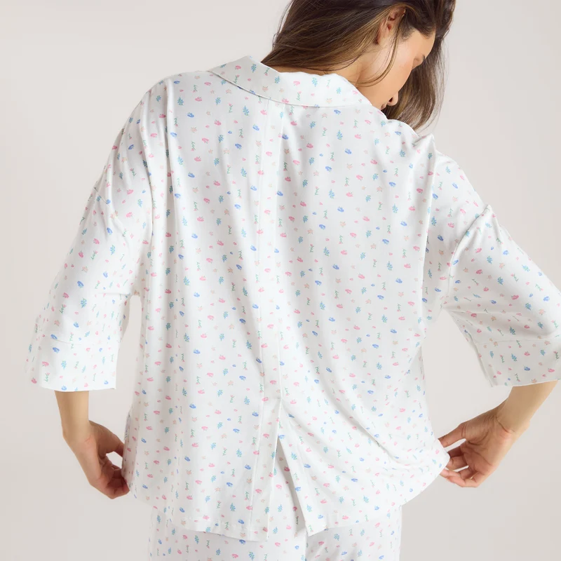 Modal Pyjamashirt met Korte Mouwen - Witte Bloemenprint