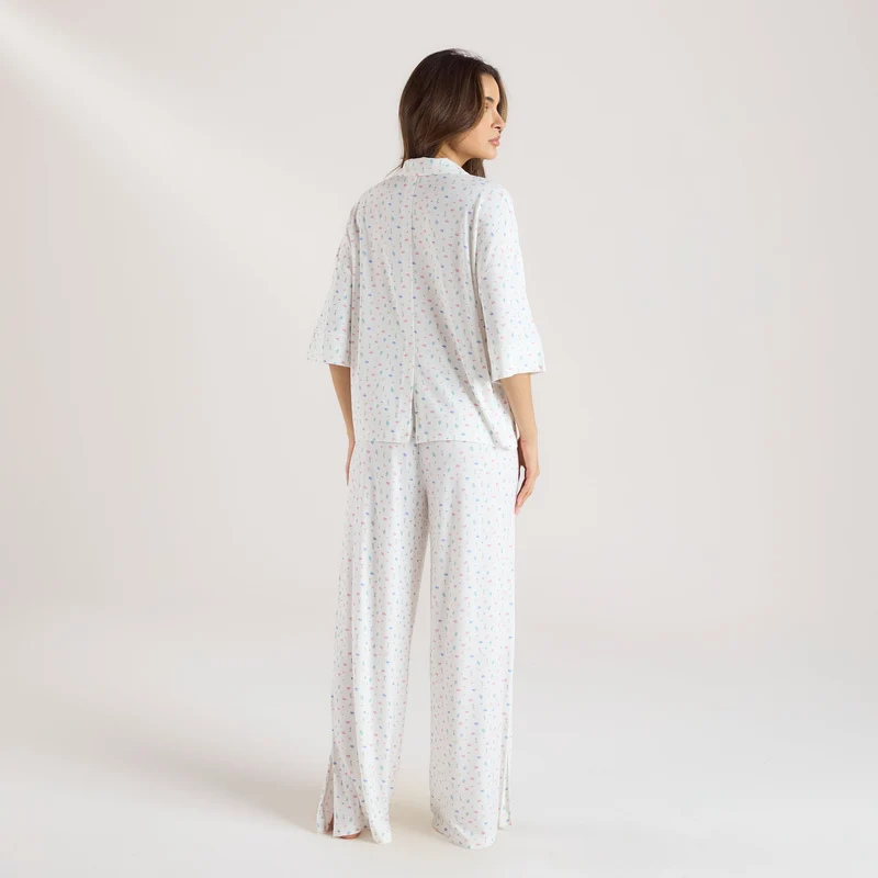 Modal Pyjamashirt met Korte Mouwen - Witte Bloemenprint