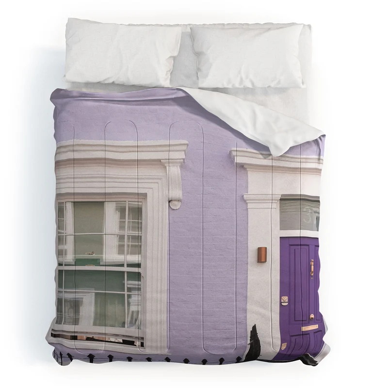 London England I Pastel violet facade and door of a Victorian architecture house in Notting Hill Comforter