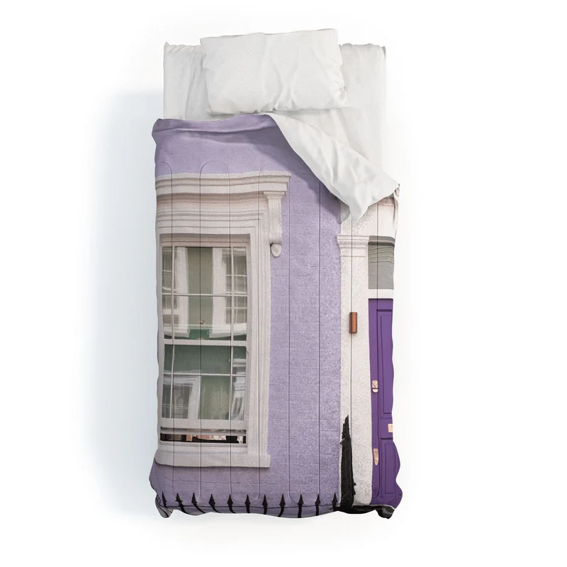 London England I Pastel violet facade and door of a Victorian architecture house in Notting Hill Comforter