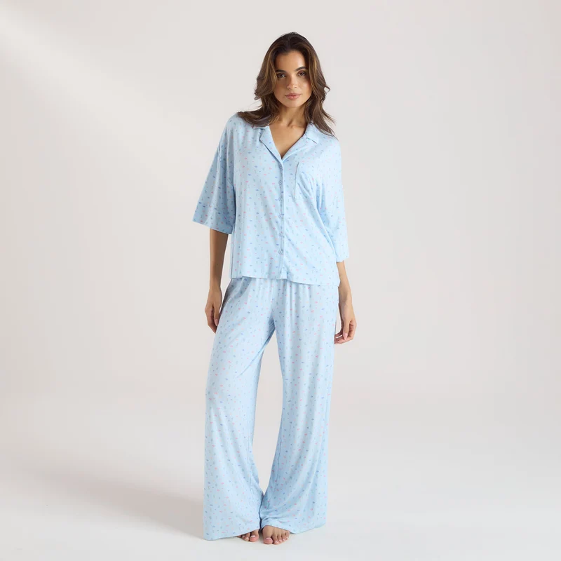 Modal Pyjamashirt met Korte Mouwen - Blauwe Bloemenprint