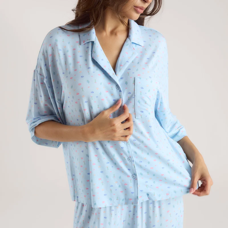 Modal Pyjamashirt met Korte Mouwen - Blauwe Bloemenprint