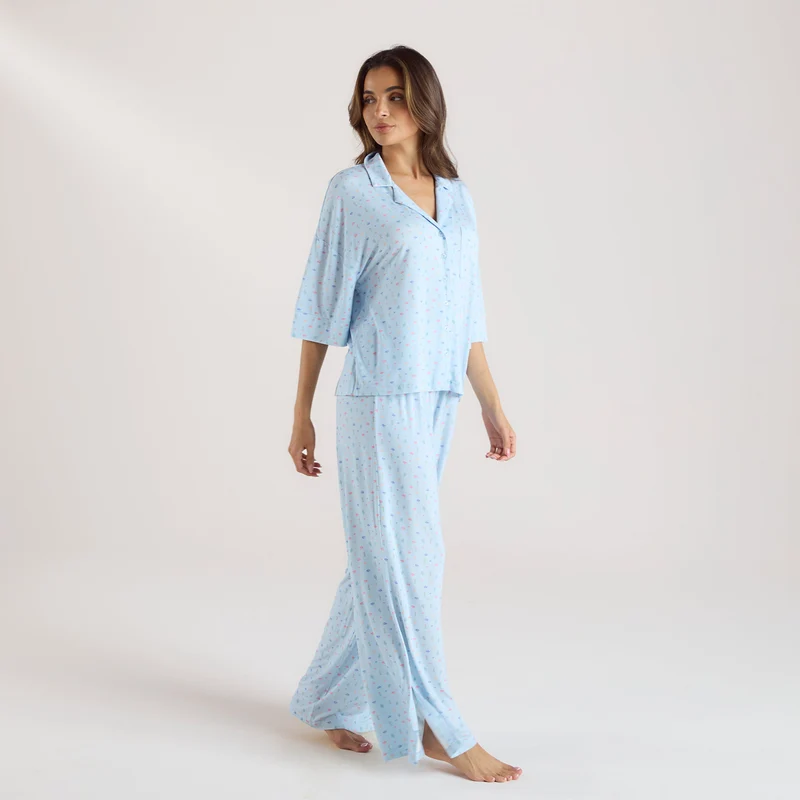 Modal Pyjamashirt met Korte Mouwen - Blauwe Bloemenprint