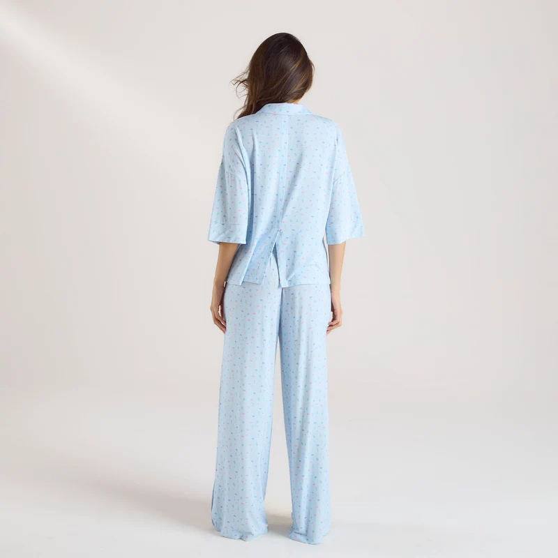Modal Pyjamashirt met Korte Mouwen - Blauwe Bloemenprint