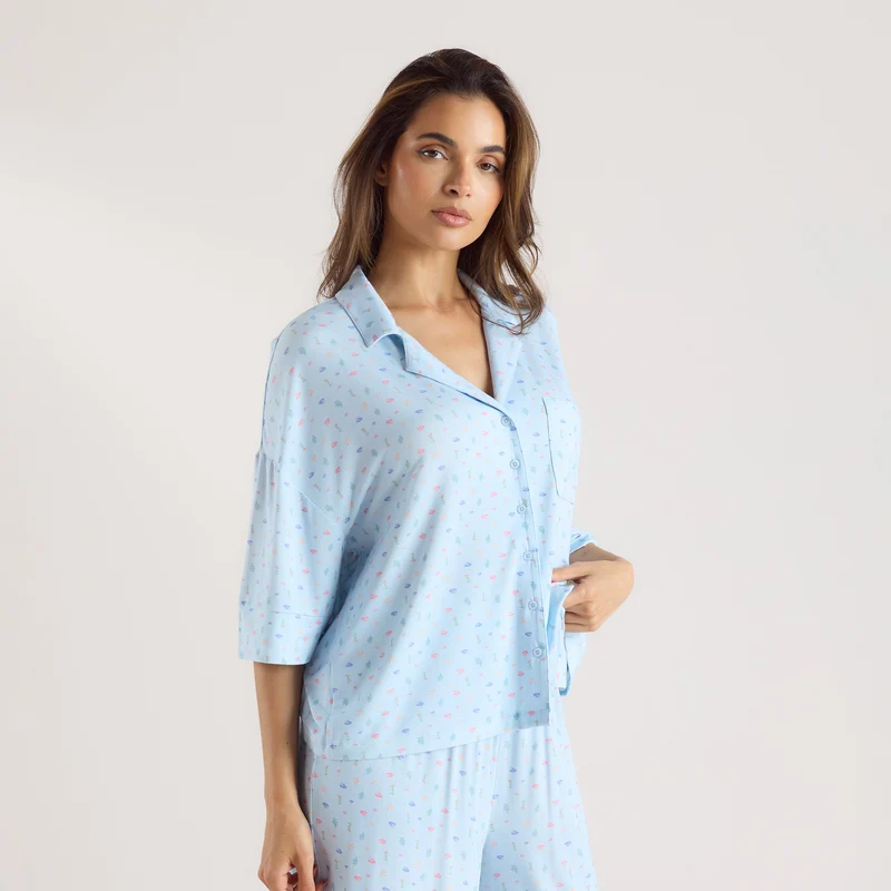 Modal Pyjamashirt met Korte Mouwen - Blauwe Bloemenprint
