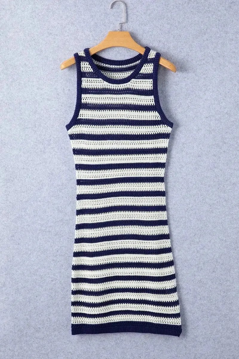 Gestreepte sweaterjurk - Elegante, open gebreide, mouwloze jurk van katoenmix met textuur
