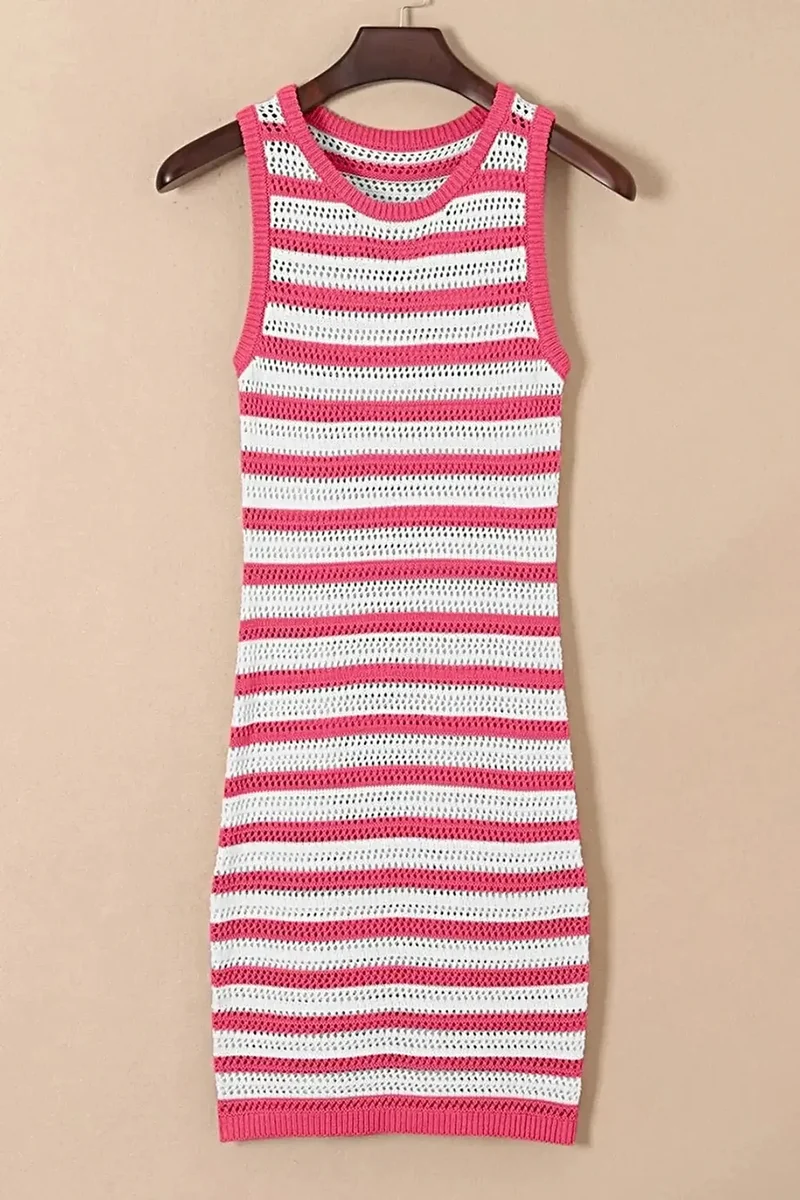 Gestreepte sweaterjurk - Elegante, open gebreide, mouwloze jurk van katoenmix met textuur