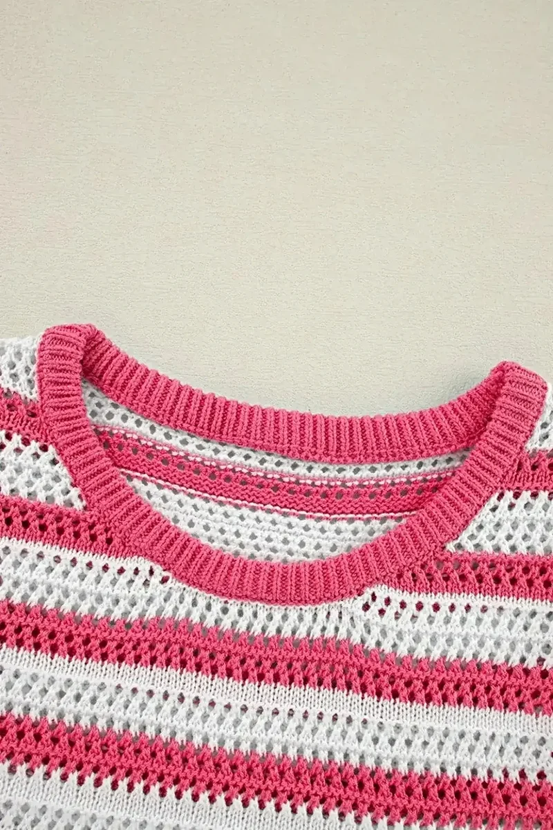 Gestreepte sweaterjurk - Elegante, open gebreide, mouwloze jurk van katoenmix met textuur