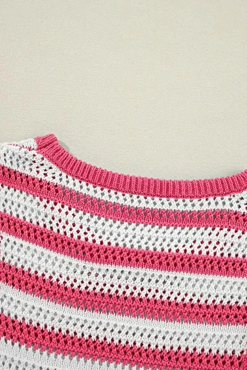 Gestreepte sweaterjurk - Elegante, open gebreide, mouwloze jurk van katoenmix met textuur