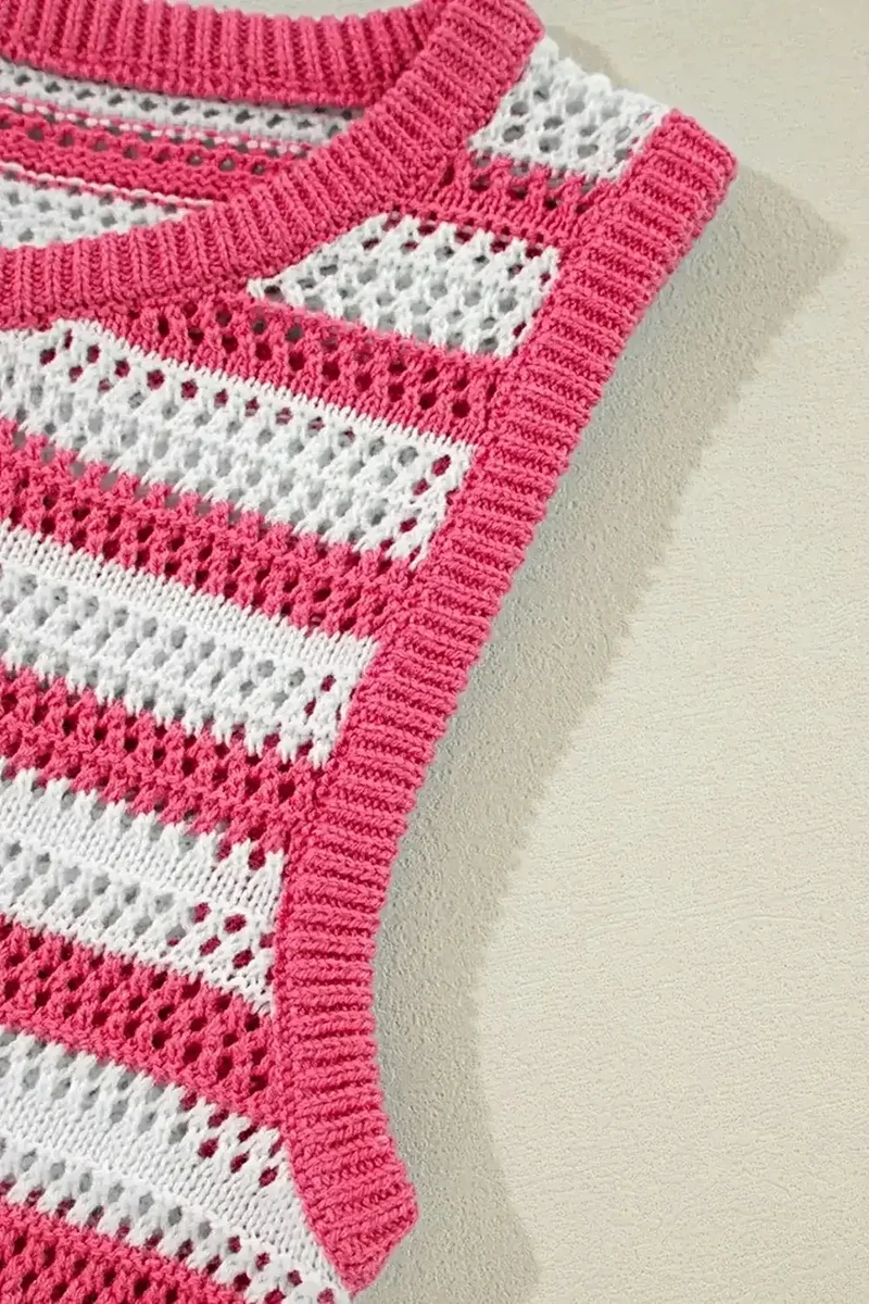 Gestreepte sweaterjurk - Elegante, open gebreide, mouwloze jurk van katoenmix met textuur