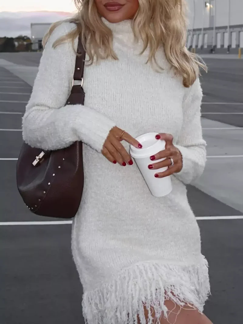 Elegante sweaterjurk met franjes, col, lange mouwen en zachte, elastische gebreide stof.